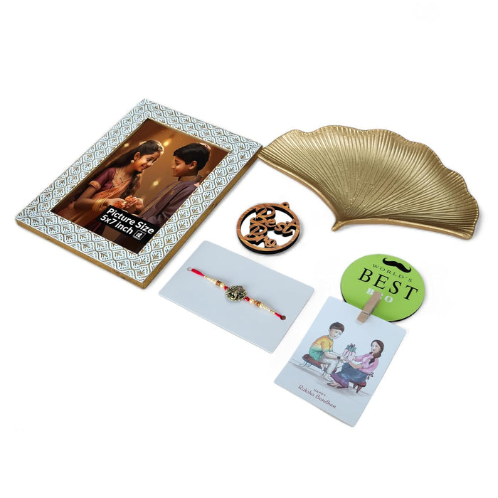 Art Street Rakhi Gift Hamper Combo Set-One 5x7 Inch Tectured Photo Frame & Ganesh Rakhi for Brother, Best Bro Keychain, Decorative Tray,One Photo Clip Best Brother Fridge Magnet Rakshabandhan Rakhi