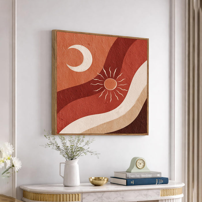Boho Sun Moon Framed Painting For Living Room | Abstract Desert Large Canvas Painting With Frame Wall Art For Bedroom, Hallway's, Office, Hotel, Size 58x58 cm