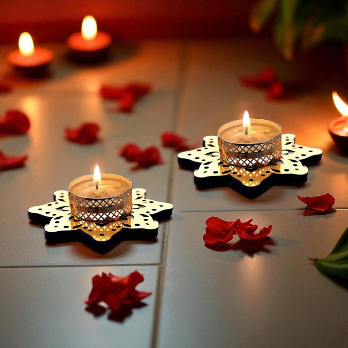 Decorative Diwali Tealight Diya Holders for Home Decoration, Dipawali Décor Items, Diwali Temple Decoration - MDF Wood Tea Light Candle Holder Star Floral Shaped Stand –11x11 cm