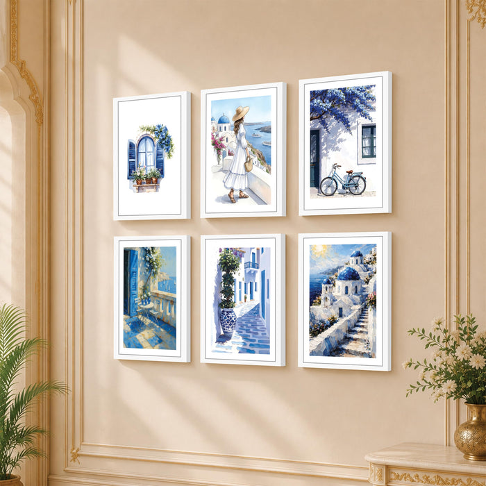 Mediterranean Village Scenery Wall Art Painting for Living Room, Blue & White Coastal Aesthetic Wooden Framed Wall Art Print for Bedroom, Office & Home Decor (Set of 6, 13x9 inch)