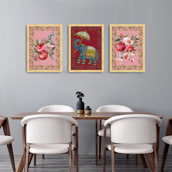 Indian Traditional Art Print Set of 3 with Pichwai Elephant Wall Art, Kalamkari Style Floral Decor, Pomegranate Bird Artwork, Ethnic Home Wall Decoration, Indian Folk Painting 30x42 cm