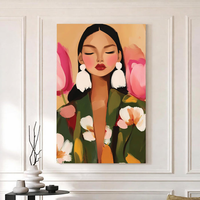 Abstract FLoral Portrait Stretched Canvas Painting For Living Room | Feminine Figurative Stretched Canvas Wall Art For Livingroom Home Decor, Bedroom, Hallway's, Office, Hotel - 56x86 cm