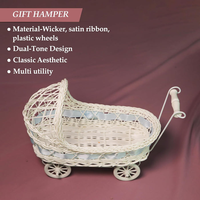 Gift Hamper Wicker Trolley, Mini Doll Stroller Shape Flower Basket/Gift Presenter, Organizer for Home and Table Décor (9x12 Inch)