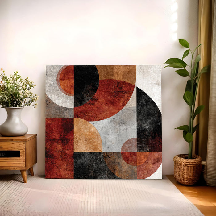 Modern Abstract Geometric Stretched Canvas Wall Art Painting For Living Room, Bauhaus-Inspired Rust, Terracotta & Black Circles Painting, Mid-Century Boho Decor for Living Room & Office (56xx56 cm)