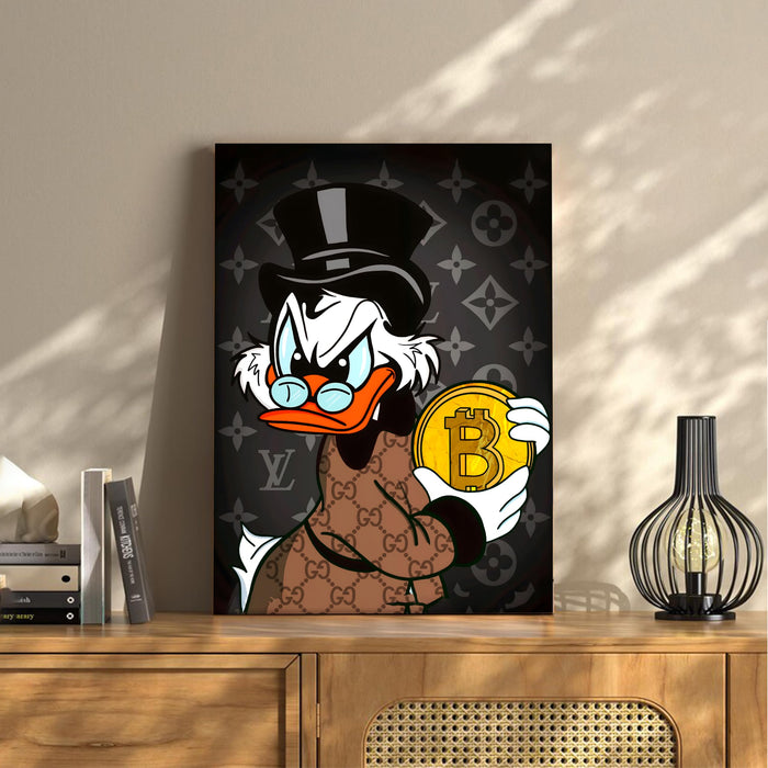 Luxury Money Duck Pop Art Stretched Canvas Painting Print| Cartoon Style Crypto Wealth Wall Art | Modern Graffiti Artwork for Home & Office Décor, 41x56 cm