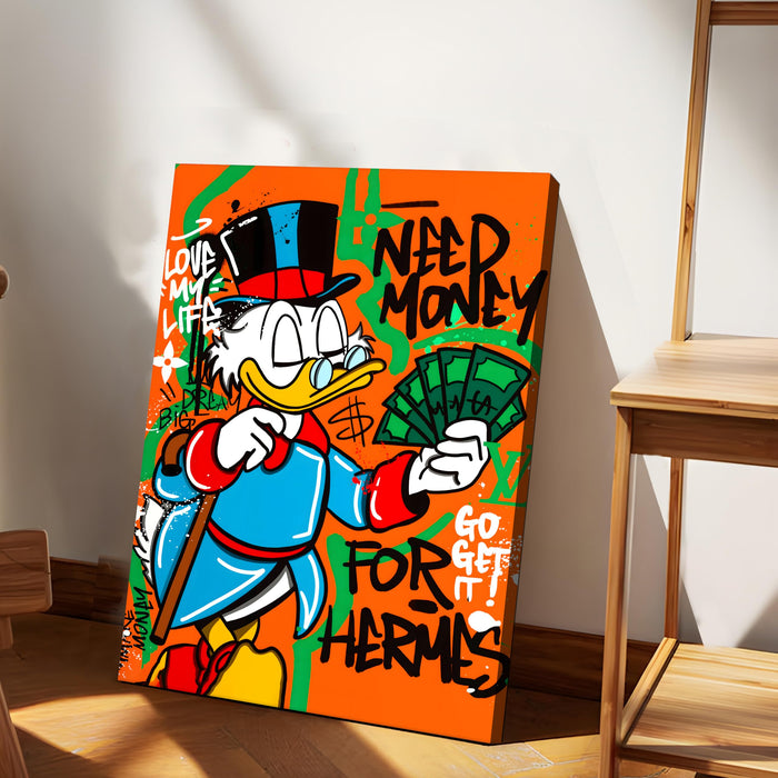 Modern Pop Art Duck Money Wall Painting | Graffiti Street Art Stretched Canvas Print | Bold Cartoon Artwork for Living Room, Office & Café Décor, 41x56 cm