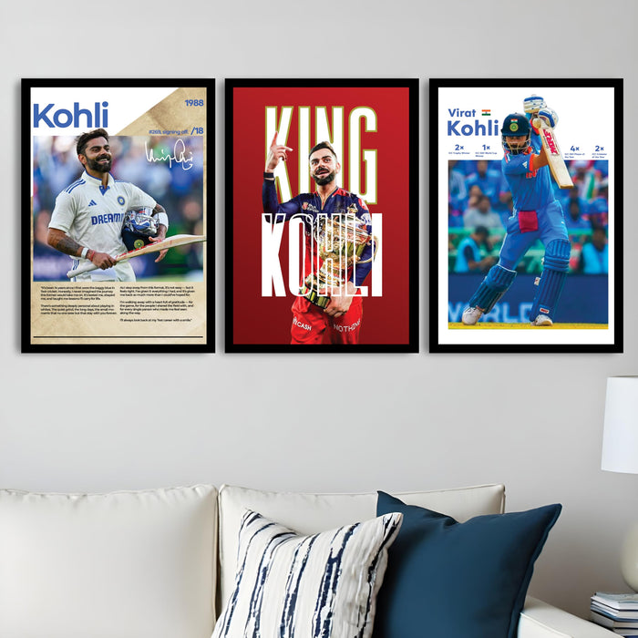 Virat Kohli Framed Wall Poster | Indian Cricket Legend Wall Art | Premium Sports Decor for Living Room, Bedroom & Office For Home Decor (13.9 Inch x 17.6 Inch, Set of 3)