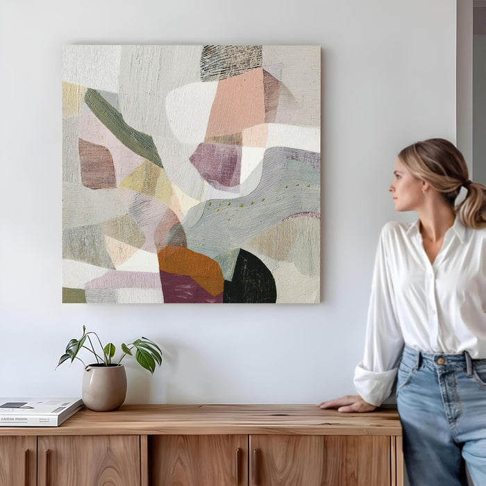 Abstract Textured Geometric Stretched Canvas Wall Art PAinting for Living Room, Modern Pastel Patchwork Painting for Living Room, Home Decor & Office (56xx56 cm)