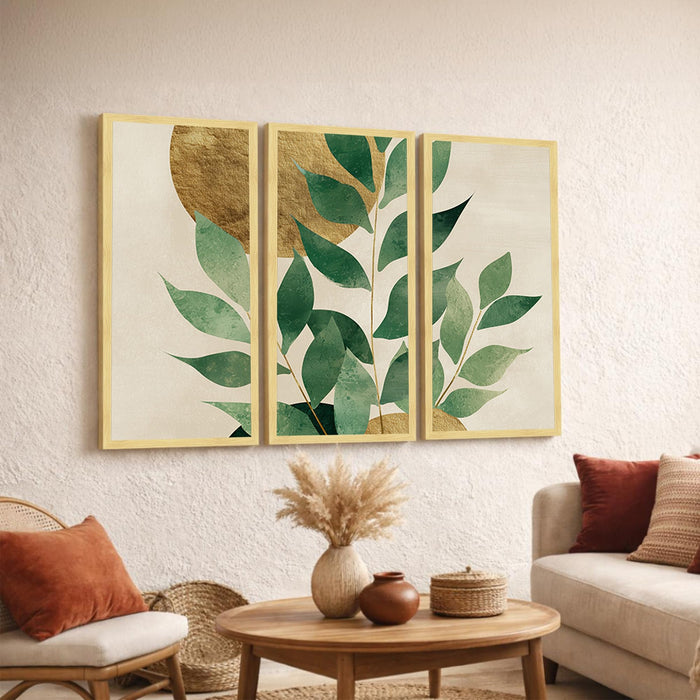 Botanical Leaf Framed Wall Art Set of 3 | Modern Nature-Inspired Boho Wall Décor | Engineered Wood Frame Art for Living Room, Bedroom & Office, 8.9x18.9 Inch