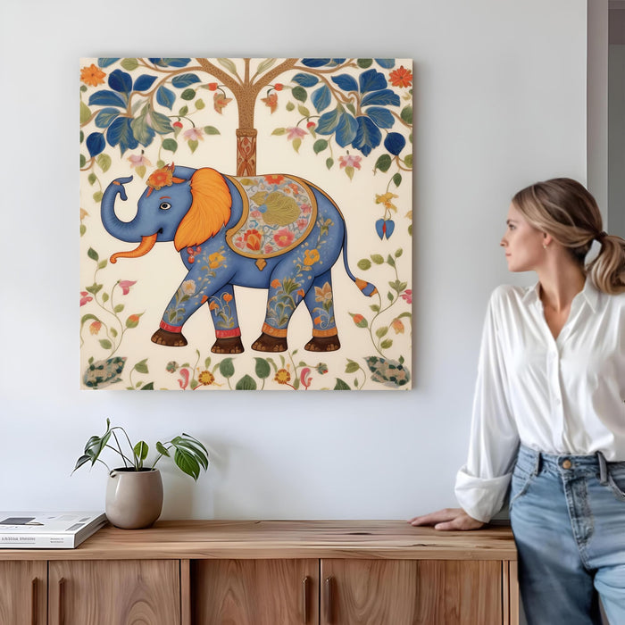 Traditional Madhubani Blue Elephant Stretched Wall Art Painting For Living Room, Indian Folk Tree of Life Stretched Canvas Painting, Ethnic Home Decor for Living Room & Office (56xx56 cm)