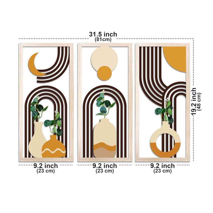 MDF Boho Wall Hanging Rectangular Vase Frame with Artificial Plant Leaf Pack of 3 Wooden Wall Decor 23x48 cm