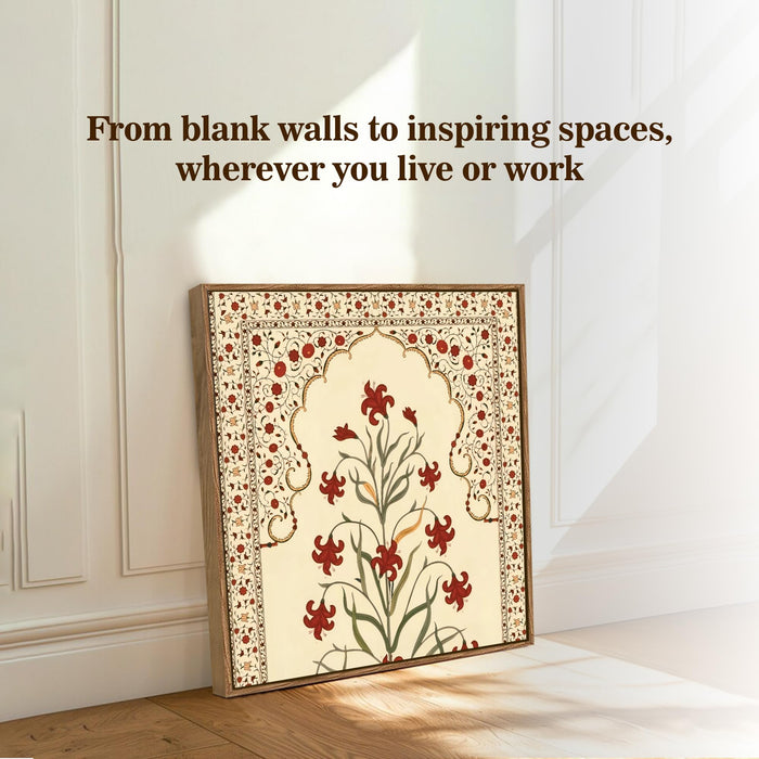 Madhubani Floral Framed Painting For Living Room | Traditional Indian Flower Large Canvas Painting With Frame Wall Art For Bedroom, Hallway's, Office, Hotel, Size 58x58 cm