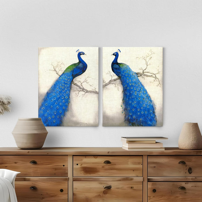 Peacock Theme Stretched Wall Art Print Canvas Painting Pack of 2 | Digital Print On Stretched-Canvas (30x41 CM)