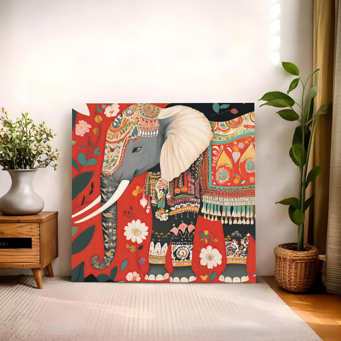 Royal Indian Elephant & Floral Garden Wall Art Painting For Living Room, Traditional Rajasthani Folk Stretched Canvas Painting, Modern Ethnic Mughal Decor for Living Room, Office & Home (56xx56 cm)