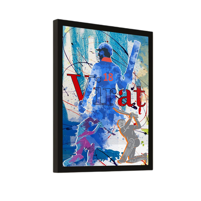 Framed Wall Hanging Art Print of Cricket Batsman Batting Sports Poster For Home Decor (12.7X17.5 Inch)