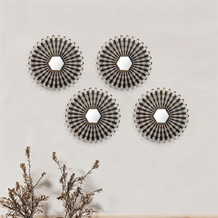 Decorative Wall Framed Mirror, Set of 4 Round Gold & Black, Wall Hanging Mirrors (10 X 10 Inchs)