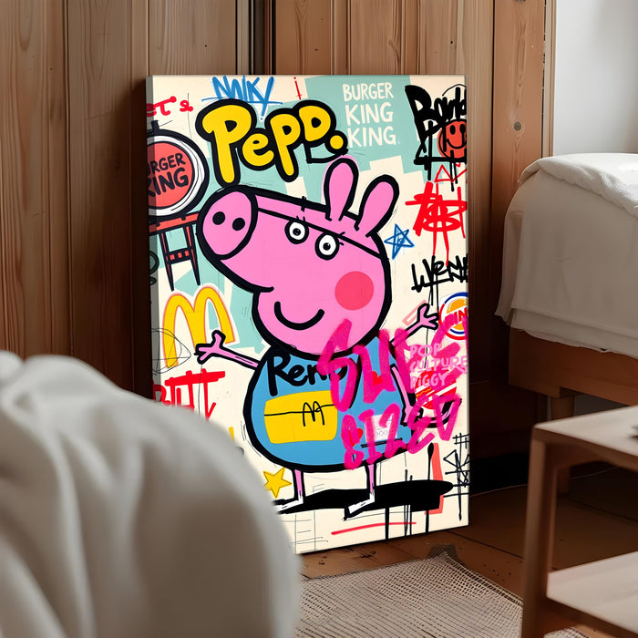 PAINTINGMANTRA Cartoon Pig Graffiti Stretched Canvas Painting Print | Pop Art Street Style Wall Décor | Modern Abstract Canvas Art for Home & Office, 56x86 cm