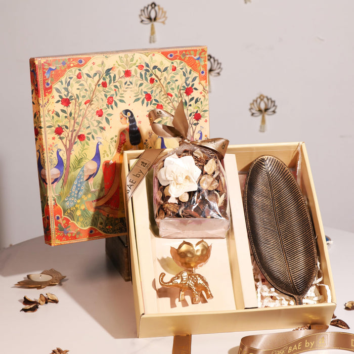 Diwali Gift Hamper Box with Mogra Scent Potpourri, Elephant Shape Candle and Tray, Friends and Relatives (Pack of 4)