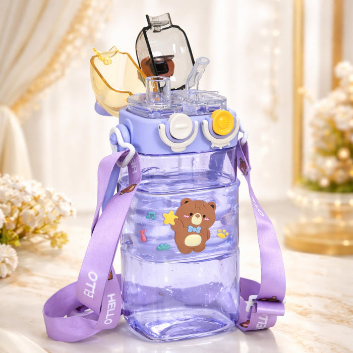 Art Street Cute Bear Kids Water Bottle with Straw & Strap - 580ml Leakproof BPA-Free Plastic Sipper—Cute Portable Dual-Drink Cartoon Tumbler for School, Girls & Boys (Purple, 17x7 cm)