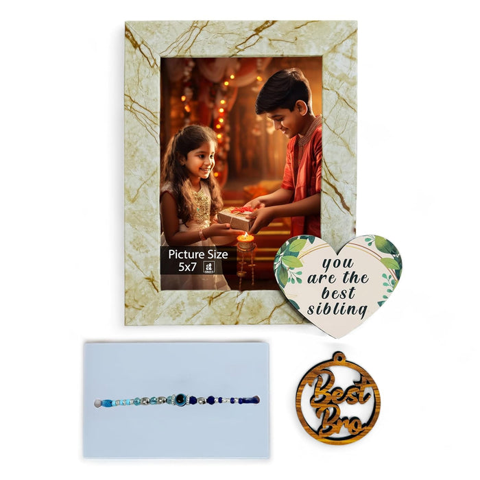 Art Street Rakhi Gifts Hamper Combo Set-One 5x7 Inch Photo Frame With Heart Shape Plaque 'You are the Best Sibling', Rakhi & Best Bro Keyring for Brother, Gift Set