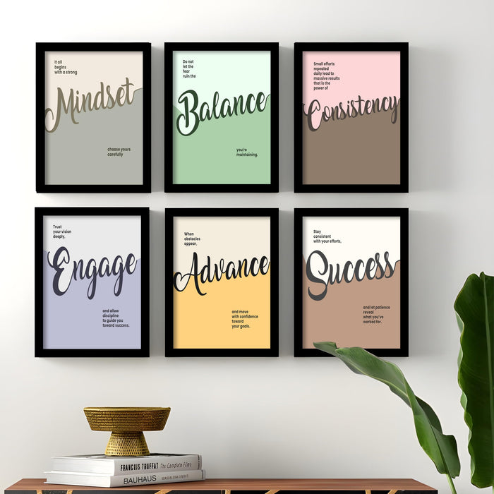 PAINTINGMANTRA Motivational Quote Wall Art Set of 6 Framed Prints | Mindset Balance Consistency Success Wall Décor for Home, Office & Study Room, 23x32 cm