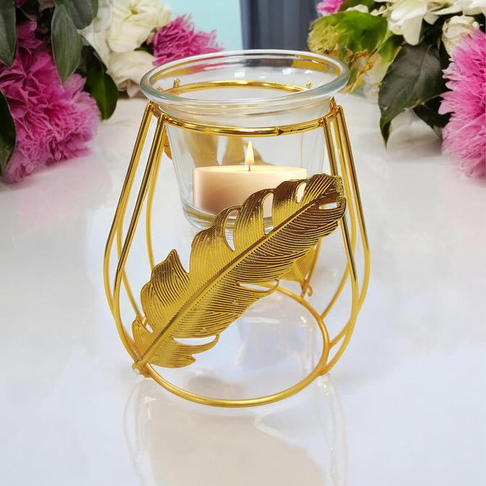 Metal Diwali Tealight Holder with Glass Leaf Decorative Crystal Puja Dia for Mandir  (Gold, 10x8x9 Cm)