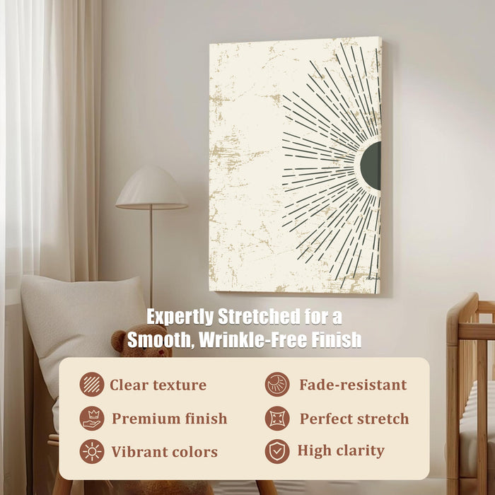 Abstract Sun Rising blue Stretched Canvas Wall Art Modern Boho Illustration Painting for Home & Office Wall Decor, (16x22 Inch)