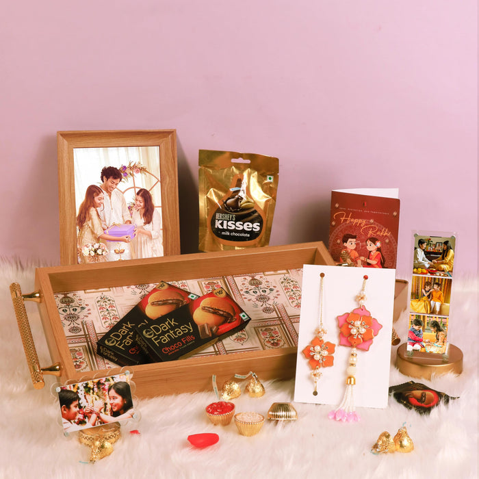 Rakshabandhan Chocolate Gift Hamper for Brother and Bhabhi, Photo Frame and Serving Tray, Flowers Rakhi with Chawal and Roli Gift Set for Celebrate Raksha Bandhan