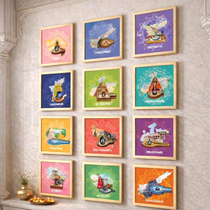 12 Jyotirlinga Wall Art Painting For Living Room | Lord Shiva Sacred Temples Framed Wall Art Paintings | Spiritual Home Decor Frames for Pooja Room, Office | Religious Gift Set (Set of 12), 9x9 Inch