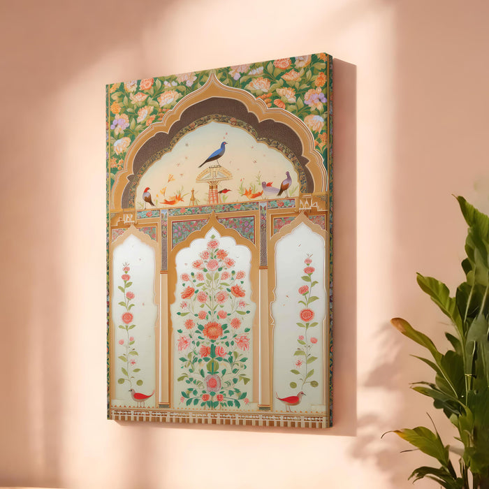 Mughal Peacock Garden Stretched Canvas Painting For Living Room | Madhubani Royal Jharokha Stretched Canvas Wall Art For Livingroom Home Decor, Bedroom, Hallway's, Office, Hotel - 56x86 cm