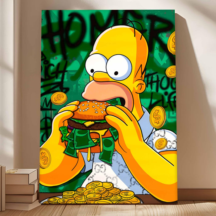Funny Money Burger Pop Art Stretched Canvas Painting Print| Cartoon Style Graffiti Wall Art | Modern Humorous Artwork for Home, Café & Office Décor, 56x86 cm
