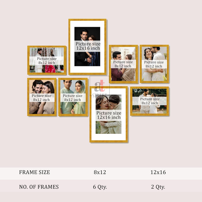 Art Street Photo Frame Set of 8 Gold Wall Decor Collage Display Hanging Family Picture Frames Gallery Collection Decor Items Wall Mount Frames Birthday Anniversary Gift, 8x12 and 12x16 In