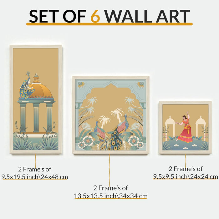 Framed Wall Art Print Pack of 6 Framed Wall Decoration Art Prints Traditional Indian Pichwai 24x48, 34x34 and 24x24 cm, Beige