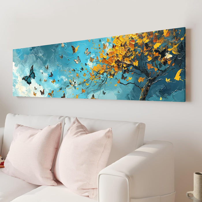 Large Stretched Canvas Painting, Panel Wall Art Print Blue and Yellow Butterfly Tree Luxury Paintings for Home Decoration (Blue, 12x46 Inch)