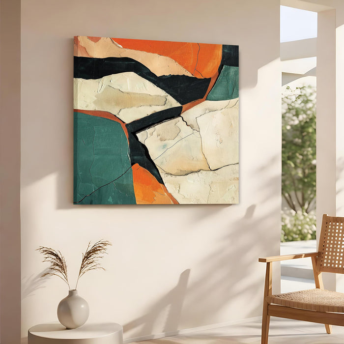 Abstract Modern Geometric Stretched Canvas Wall Art Painting for Living Room, Textured Earthy Poster, Minimalist Overlapping Shapes in Burnt Orange & Teal for Office Decor (56xx56 cm)