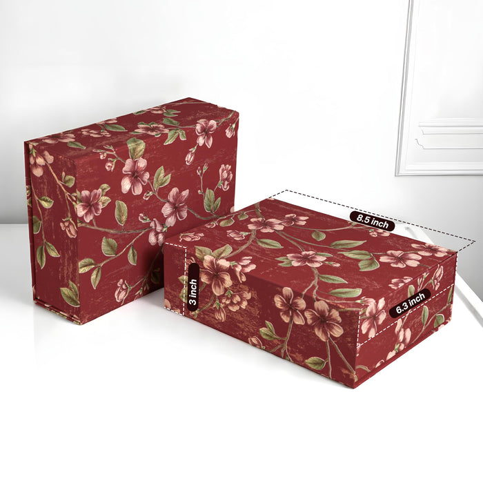 Foldable Cardboard Flowers Printed Hamper Gift Box Set of 2, Multipurpose Gift Hamper Box For Special Occasions, Wedding Gift Packaging (Red, 9x12 inch)