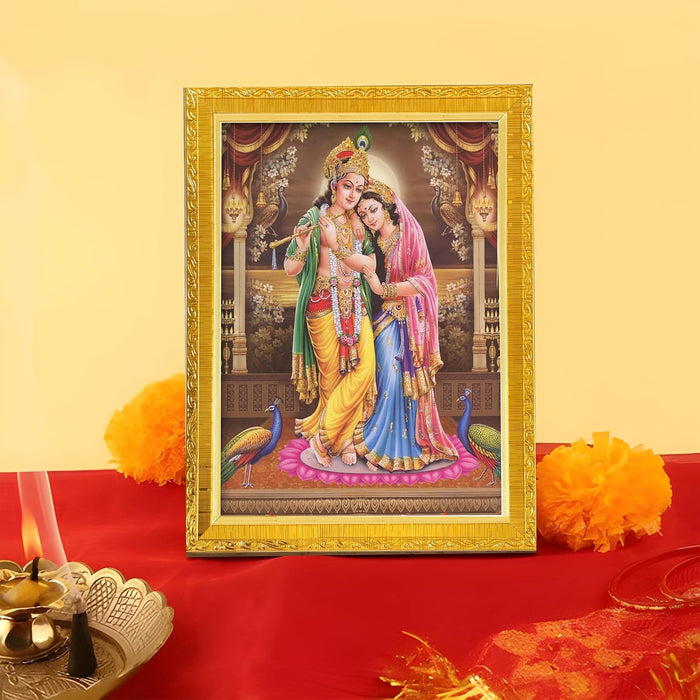 Divine Sri Radha and Krishna Purple Religious Golden Photo Frame Stand able and Wall Hanging (15x20 cm)