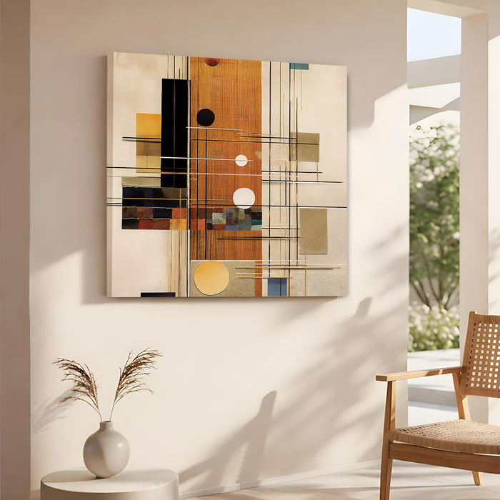 Modern Geometric Abstract Stretched Canvas Wall Art, Mid-Century Modern Textured Painting with Gold, Copper & Black Accents, Large Square Painting for Living Room & Office Decor (56xx56 cm)