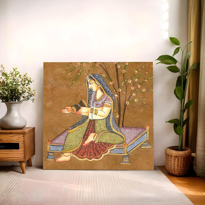 Mughal Miniature Wall Art Painting For Living Room, Rajasthani Traditional Indian Lady Playing Drum Under Tree, Stretched Canvas wall Art Poster for Living Room, Office & Home Decor (56xx56 cm)