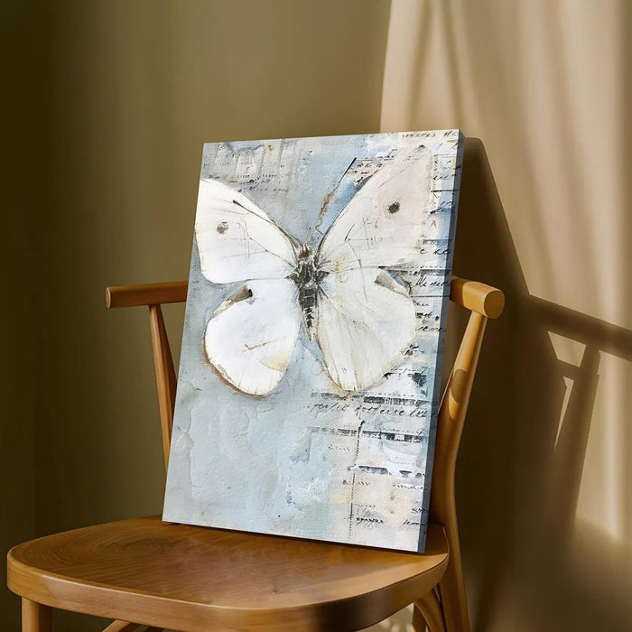 Distressed Aesthetics Art of Butterfly in Sky and White | Digital Painting On Canvas Stretched on Wood (16x22 Inch)