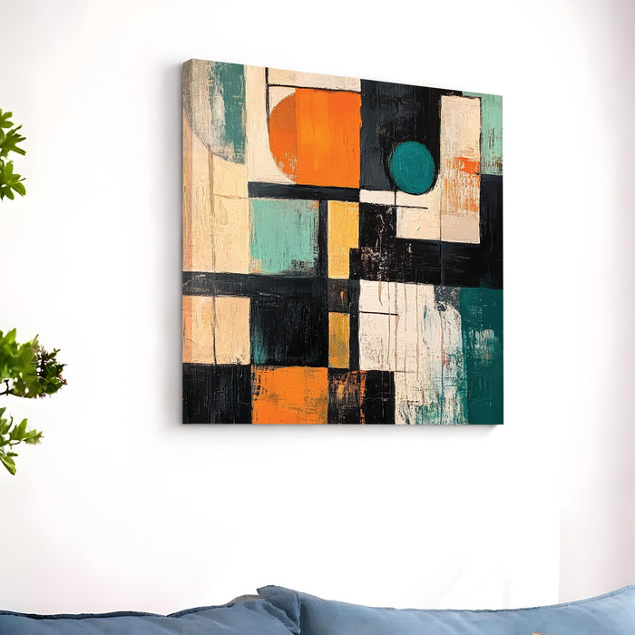 Modern Abstract Geometric Wall Art Painting For Living Room, Bold Orange, Teal & Black Shapes Stretched Canvas Wall Art Painting for Living Room, Office & Gallery Decor (56xx56 cm)