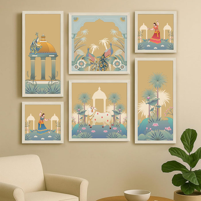 Framed Wall Art Print Pack of 6 Framed Wall Decoration Art Prints Traditional Indian Pichwai 24x48, 34x34 and 24x24 cm, Beige