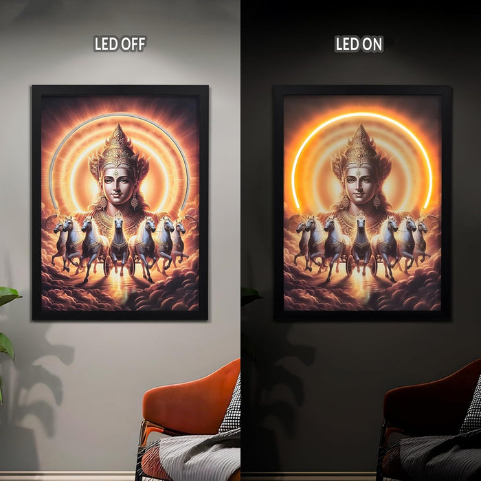 Surya Dev LED Wall Art, Vastu & Feng Shui Painting with LED Light, Spiritual Artwork of Surya Dev Riding Seven White Horses, Wall Decor 43x58 cm