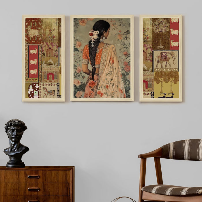 Botanicals Pichwai Framed Wall Art Painting Home Décor Pack Of 3 | Digital Scenery Painting with Frame, Set Of 3 22x46 cm, 33x44 cm