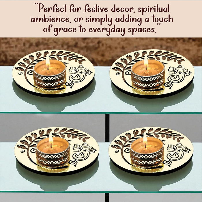 Decorative Diwali Tealight Diya Holders for Home Decoration, Dipawali Décor Items, Diwali Temple Decoration - Pack of 4 MDF Wood Tea Light Candle Holder Deity Ganesha Stand –11.5x11.5 cm