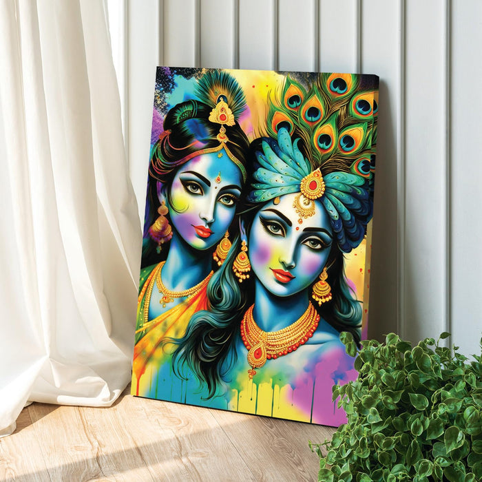 Stretched Canvas Divinity Love of Radha Krishna Rangoli Paintings For Home Decoration, (Size: 16x22 Inch)