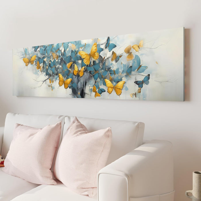 Large Stretched Canvas Painting, Panel Wall Art Print Abstract Tree with Yellow Butterfly Luxury Paintings for Home Decoration (Sky Blue, 12x46 Inch)