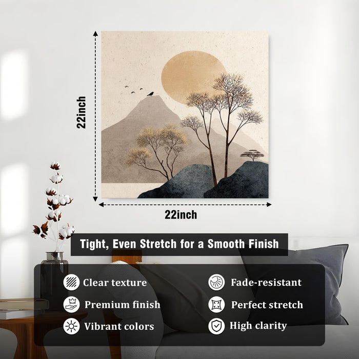 Japandi Minimalist Wall Art Painting for Living, Boho Minimalist Abstract Mountain Landscape with Golden Sun & Trees, Stretched Canvas Painting for Living Room, Bedroom & Office Decor (56xx56 cm)