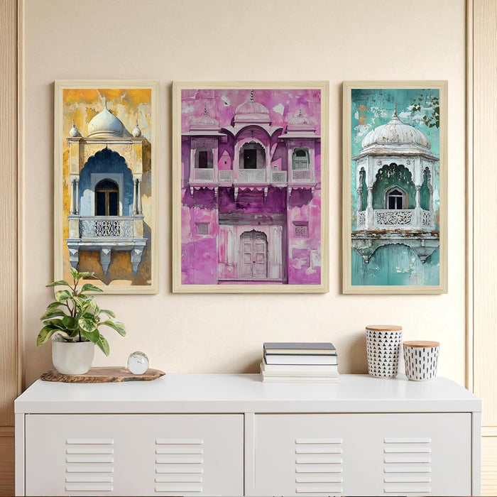 Botanicals Pichwai Framed Wall Art Painting Home Décor Pack Of 3 | Digital Scenery Painting with Frame, Set Of 3 22x46 cm, 33x44 cm
