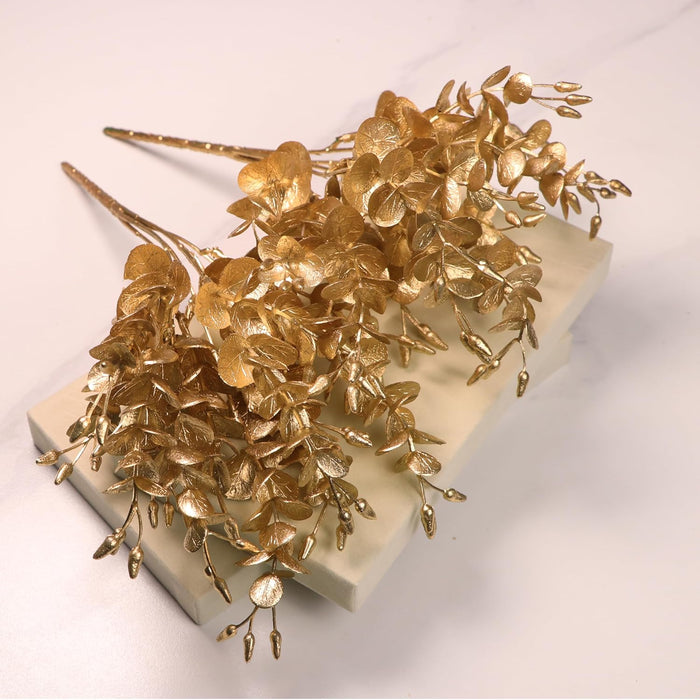 Golden Eucalyptus Leaves Stem, Fake Faux Shrubs PVC, UV Resistant for Home  31 cm